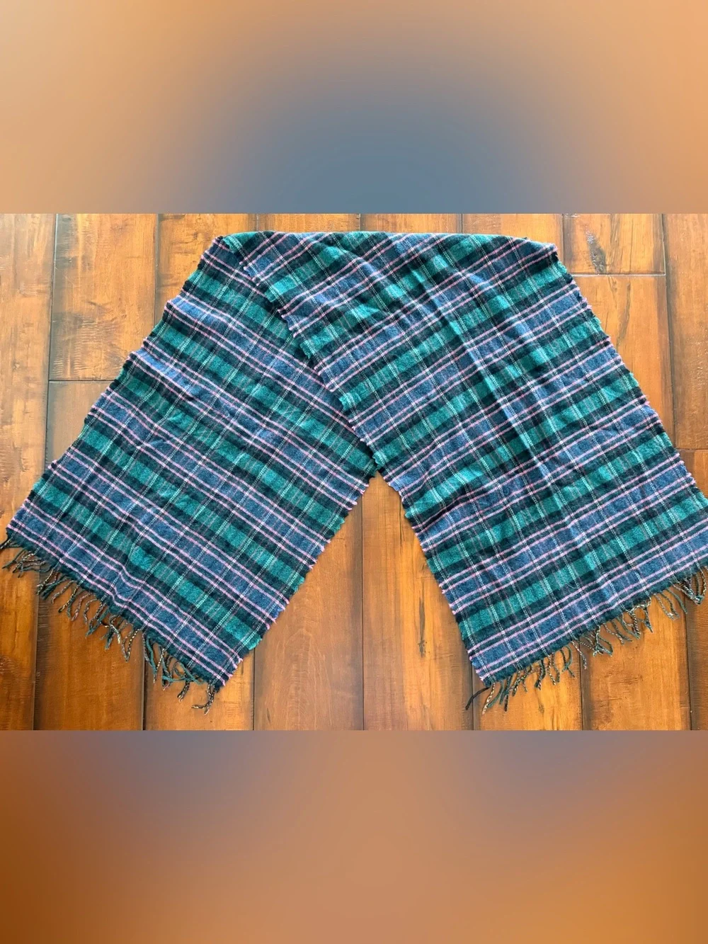 Plaid Wool Fringe Wrap Scarf in Green, a pink and Black